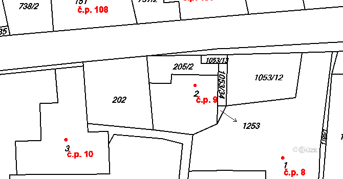 Semechnice 9 na parcele st. 2 v KÚ Semechnice, Katastrální mapa
