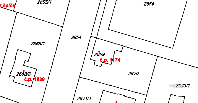 Horní Počernice 1174, Praha na parcele st. 2669 v KÚ Horní Počernice, Katastrální mapa