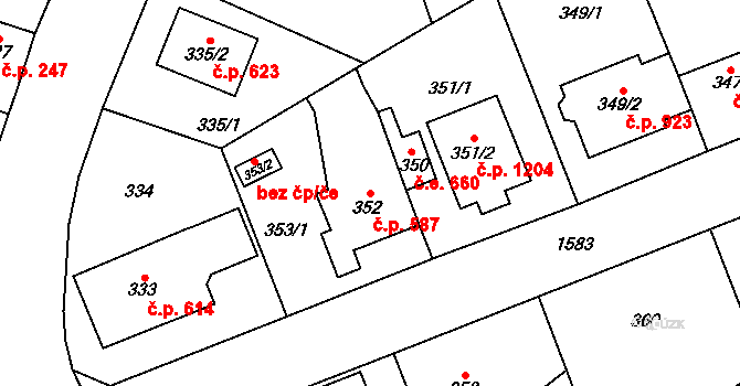 Řeporyje 587, Praha na parcele st. 352 v KÚ Řeporyje, Katastrální mapa
