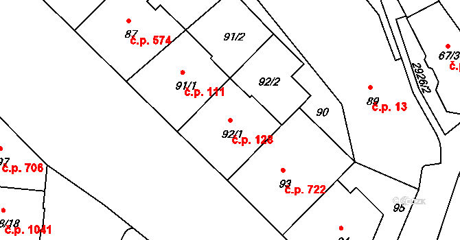 Braník 128, Praha na parcele st. 92/1 v KÚ Braník, Katastrální mapa