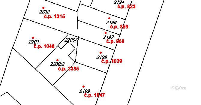 Smíchov 1039, Praha na parcele st. 2198 v KÚ Smíchov, Katastrální mapa