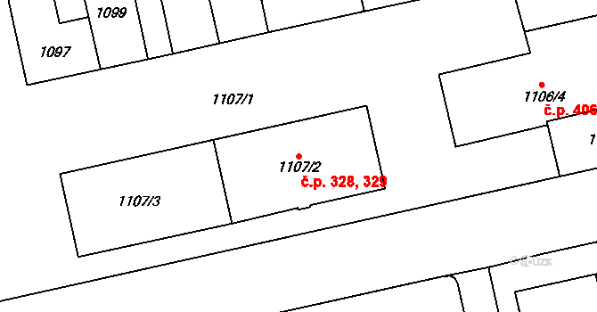 Vokovice 328,329, Praha na parcele st. 1107/2 v KÚ Vokovice, Katastrální mapa