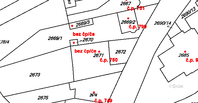 Hloubětín 750, Praha na parcele st. 2671 v KÚ Hloubětín, Katastrální mapa