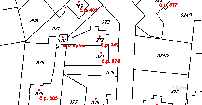 Kbely 274, Praha na parcele st. 374 v KÚ Kbely, Katastrální mapa