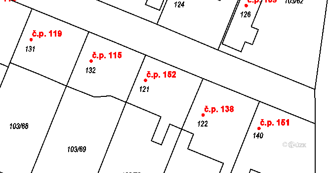 Břežany II 152 na parcele st. 121 v KÚ Břežany II, Katastrální mapa
