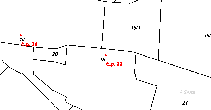 Kozárovice 33 na parcele st. 15 v KÚ Kozárovice, Katastrální mapa