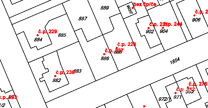 Koterov 227, Plzeň na parcele st. 886 v KÚ Bručná, Katastrální mapa
