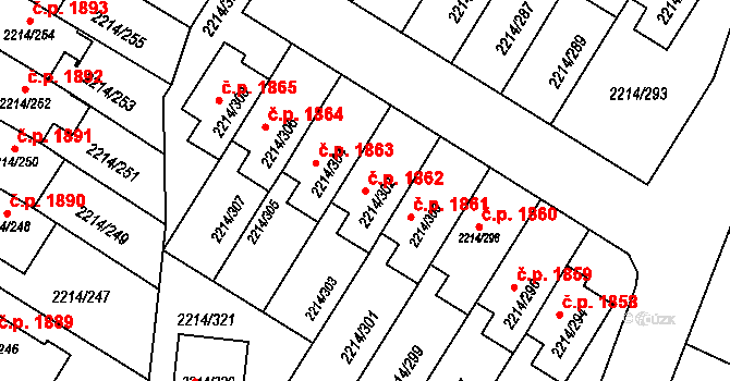 Bolevec 1862, Plzeň na parcele st. 2214/302 v KÚ Bolevec, Katastrální mapa