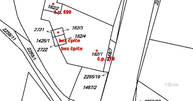 Litice 178, Plzeň na parcele st. 182/1 v KÚ Valcha, Katastrální mapa