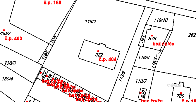 Mladé Buky 404 na parcele st. 922 v KÚ Mladé Buky, Katastrální mapa