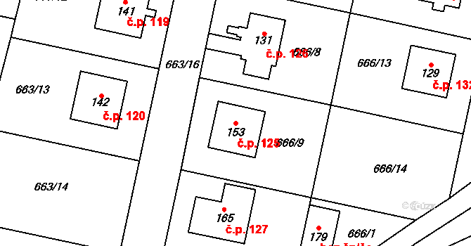 Skoky 125, Dolní Újezd na parcele st. 153 v KÚ Skoky u Staměřic, Katastrální mapa