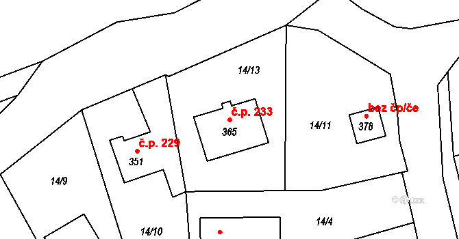 Jimlín 233 na parcele st. 365 v KÚ Jimlín, Katastrální mapa