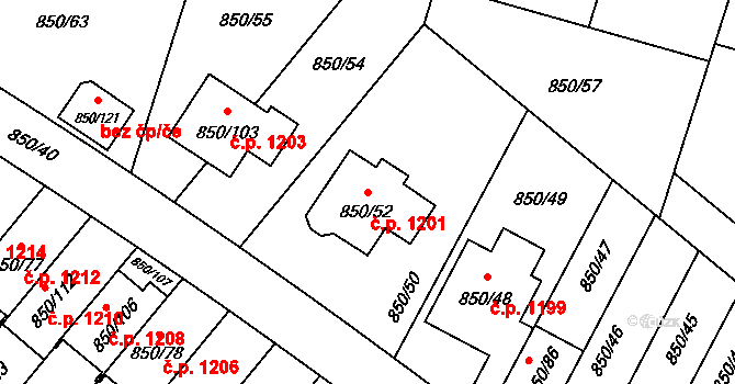 Mohelnice 1201 na parcele st. 850/52 v KÚ Mohelnice, Katastrální mapa