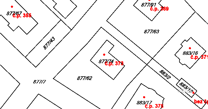 Jirny 373 na parcele st. 877/74 v KÚ Jirny, Katastrální mapa