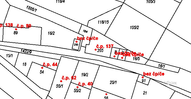Petrovice 137 na parcele st. 205 v KÚ Petrovice u Třebíče, Katastrální mapa