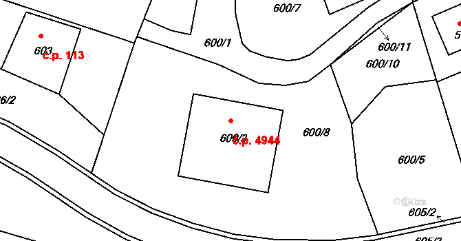 Rýnovice 4944, Jablonec nad Nisou na parcele st. 600/3 v KÚ Rýnovice, Katastrální mapa