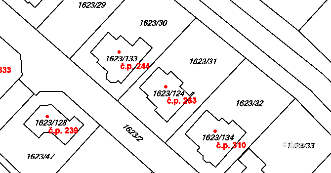 Popůvky 263 na parcele st. 1623/124 v KÚ Popůvky u Brna, Katastrální mapa