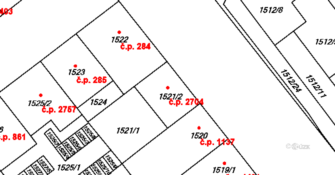 Východní Předměstí 2704, Plzeň na parcele st. 1521/2 v KÚ Plzeň, Katastrální mapa