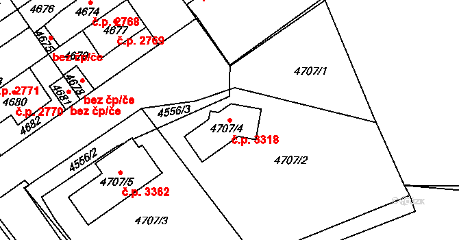 Kladno 3318 na parcele st. 4707/4 v KÚ Kladno, Katastrální mapa
