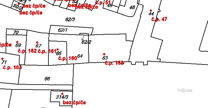 Jemnice 158 na parcele st. 63 v KÚ Jemnice, Katastrální mapa