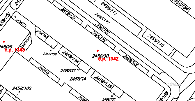 Bystrc 1342, Brno na parcele st. 2458/30 v KÚ Bystrc, Katastrální mapa