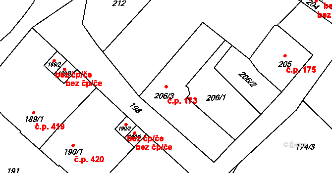 Horní Benešov 173 na parcele st. 206/3 v KÚ Horní Benešov, Katastrální mapa