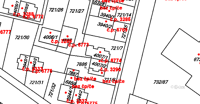 Zlín 6774 na parcele st. 4007/1 v KÚ Zlín, Katastrální mapa
