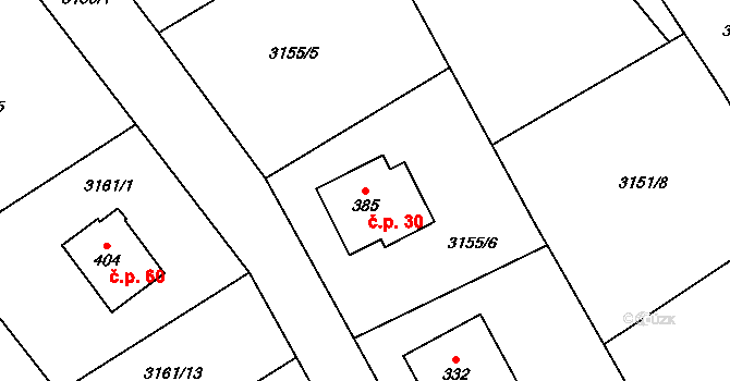 Podělusy 30, Týnec nad Sázavou na parcele st. 385 v KÚ Podělusy, Katastrální mapa