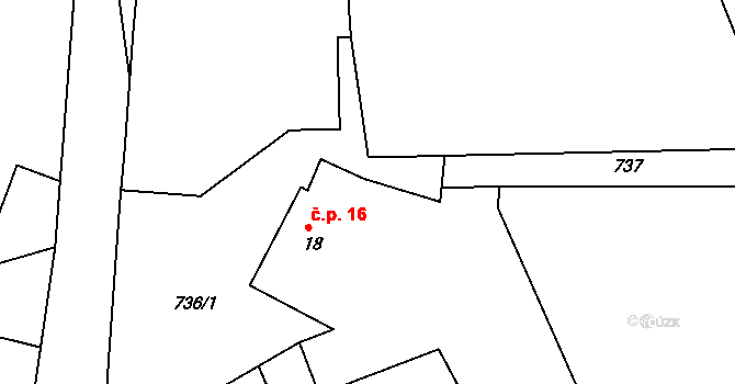 Vysoký Újezd 16 na parcele st. 18 v KÚ Vysoký Újezd, Katastrální mapa