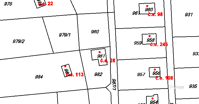 Češkovice 28, Blansko na parcele st. 981 v KÚ Těchov, Katastrální mapa