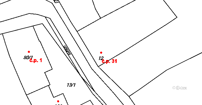 Kelníky 31 na parcele st. 12 v KÚ Kelníky, Katastrální mapa