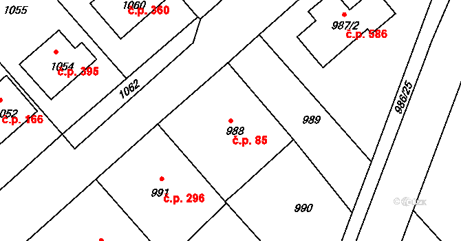 Štípa 85, Zlín na parcele st. 988 v KÚ Štípa, Katastrální mapa