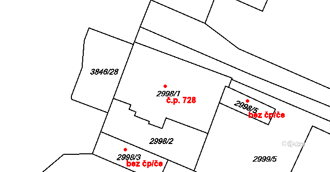 Kunovice 728 na parcele st. 2998/1 v KÚ Kunovice u Uherského Hradiště, Katastrální mapa
