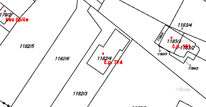 Soběšice 774, Brno na parcele st. 1182/4 v KÚ Soběšice, Katastrální mapa