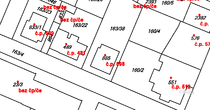 Lobeček 598, Kralupy nad Vltavou na parcele st. 885 v KÚ Lobeček, Katastrální mapa