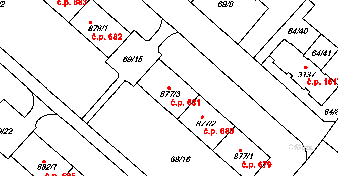Neratovice 681 na parcele st. 877/3 v KÚ Neratovice, Katastrální mapa