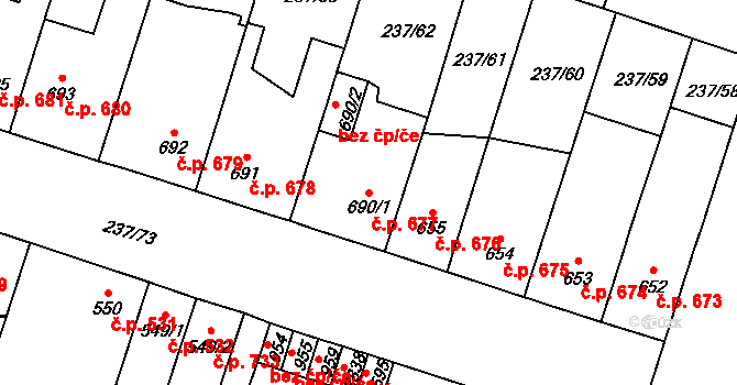 Přeštice 677 na parcele st. 690/1 v KÚ Přeštice, Katastrální mapa