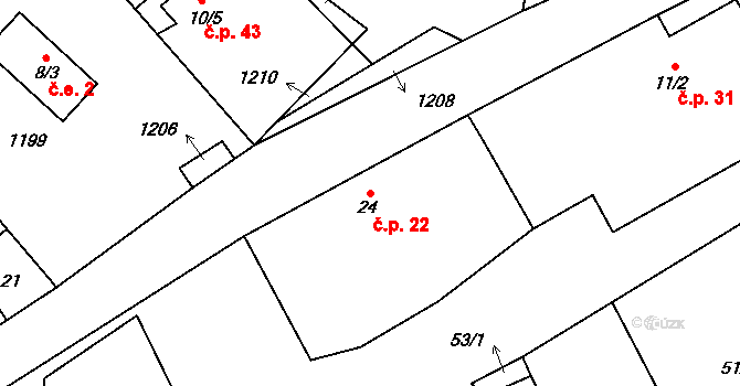 Hůrky 22, Zahrádka na parcele st. 24 v KÚ Hůrky u Zahrádky, Katastrální mapa
