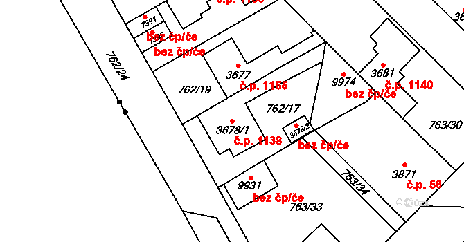 Bílé Předměstí 1138, Pardubice na parcele st. 3678/1 v KÚ Pardubice, Katastrální mapa