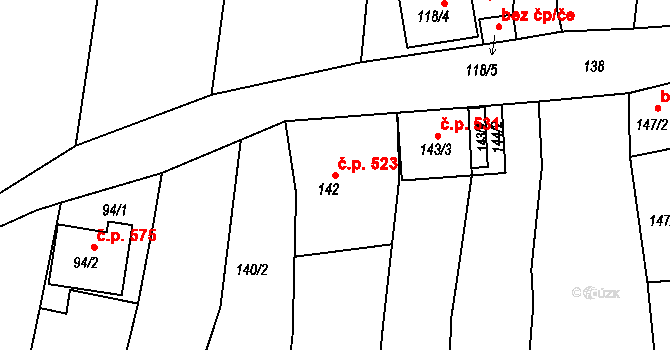 Olešnice 523 na parcele st. 142 v KÚ Olešnice na Moravě, Katastrální mapa