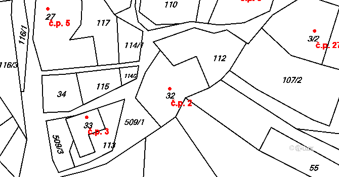 Pivonín 2, Zábřeh na parcele st. 32 v KÚ Pivonín, Katastrální mapa