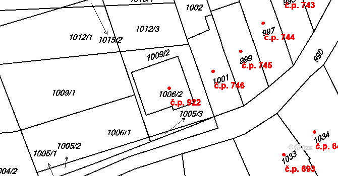 Klobouky u Brna 922 na parcele st. 1006/2 v KÚ Klobouky u Brna, Katastrální mapa