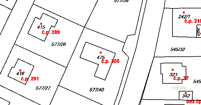 Tetín 305 na parcele st. 475 v KÚ Tetín u Berouna, Katastrální mapa