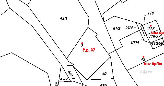 Útěchovice 37 na parcele st. 2 v KÚ Útěchovice u Hořepníku, Katastrální mapa