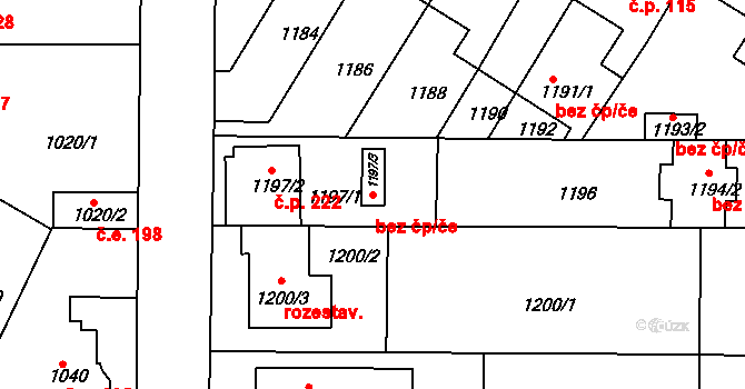 Hrušovany u Brna 93458231 na parcele st. 1197/3 v KÚ Hrušovany u Brna, Katastrální mapa