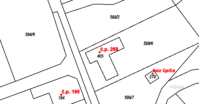 Podluhy 268 na parcele st. 405 v KÚ Podluhy, Katastrální mapa