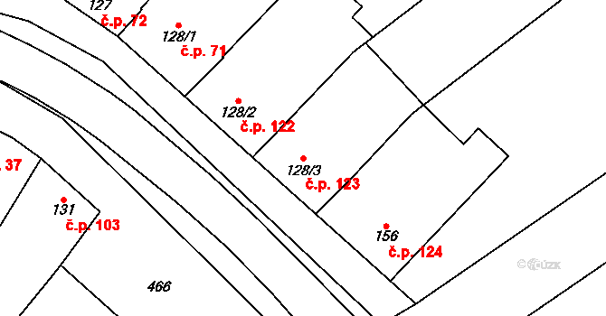 Výšovice 123 na parcele st. 128/3 v KÚ Výšovice, Katastrální mapa