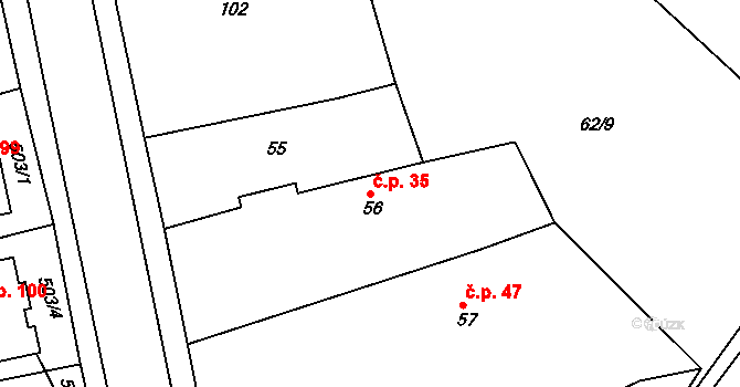 Chvalovice 35, Kovanice na parcele st. 56 v KÚ Chvalovice u Nymburka, Katastrální mapa
