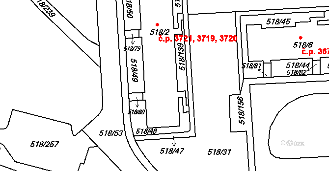 Mšeno nad Nisou 3719,3720,3721, Jablonec nad Nisou na parcele st. 518/2 v KÚ Mšeno nad Nisou, Katastrální mapa