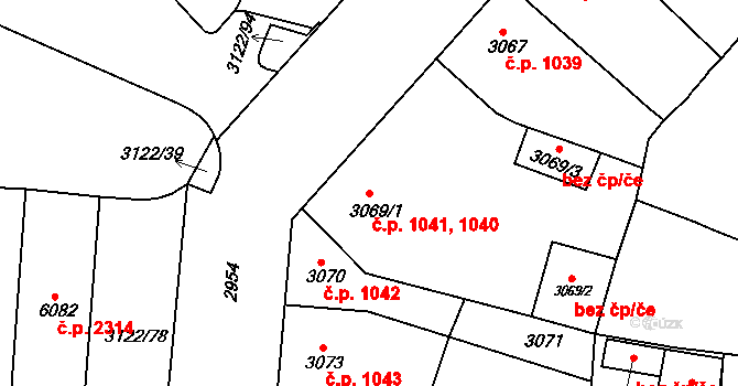 Pod Bezručovým vrchem 1040,1041, Krnov na parcele st. 3069/1 v KÚ Krnov-Horní Předměstí, Katastrální mapa